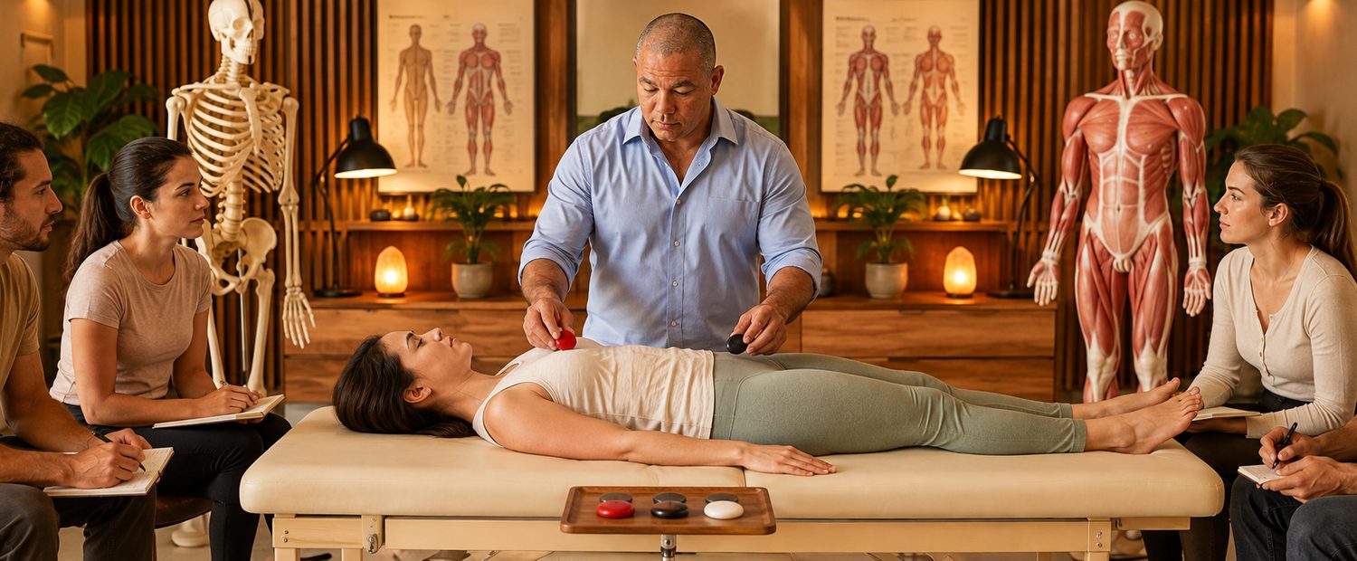 Biomagnetic pair therapy (par biomagn&eacute;tico) session &mdash; practitioner placing the red and black magnet pair on a patient in a symmetrical clinical setting