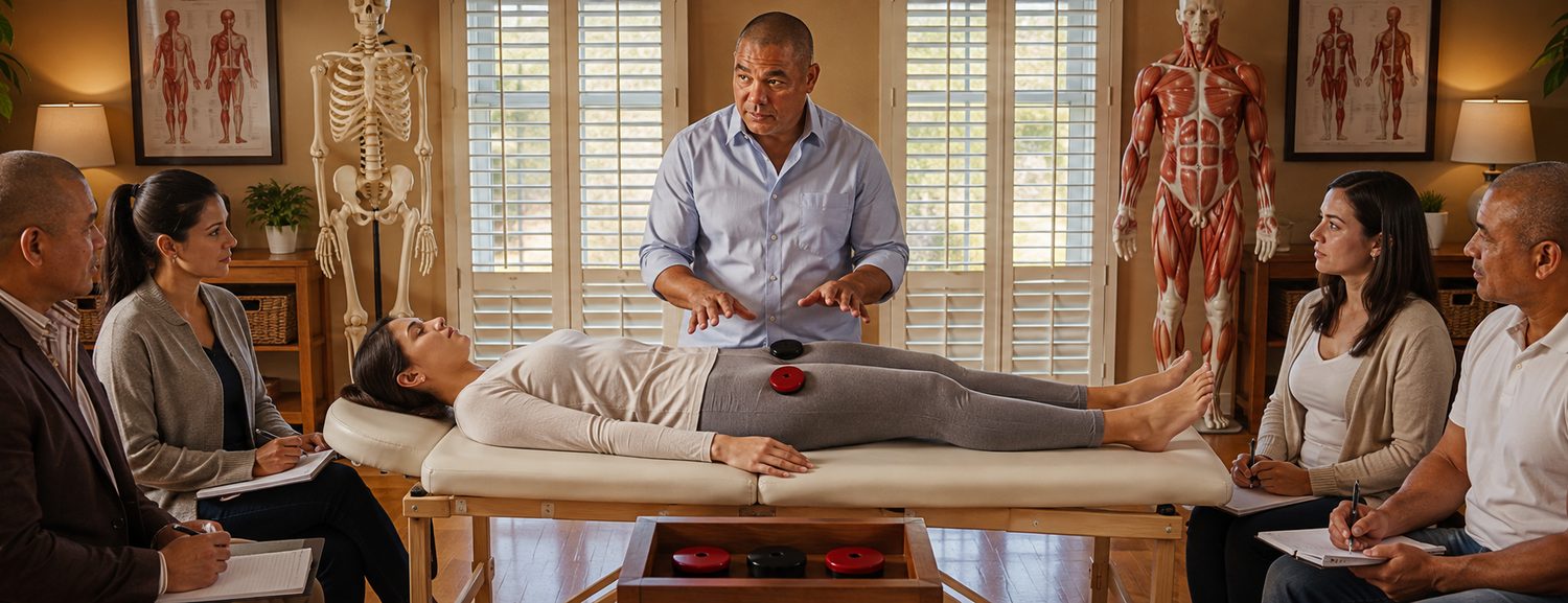 Biomagnetic pair therapy (par biomagnético) session — balanced clinical setting